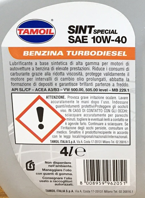 Tamoil Olio 4T Semisintetico 10W40 Sint Special LT.4 - API SL/CF, ACEA A3/B3, MB229.1