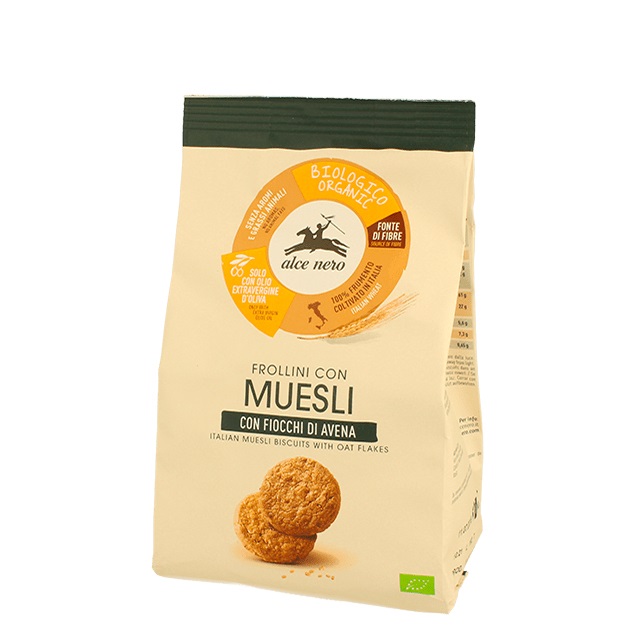 Alce Nero Frollini con Muesli Biologici 250 g - Ingredienti: Fiocchi di Avena, Farina di Frumento, Olio Extravergine di Oliva, Zucchero di Canna, Muesli, Uva Sultanina, Mela Essiccata, Granella di Nocciole