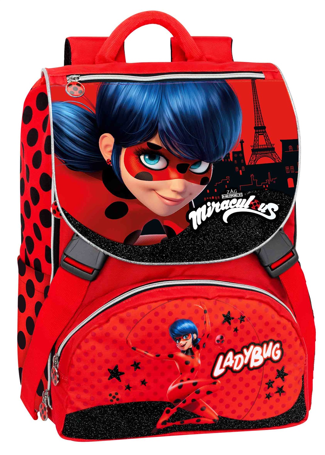 Franco Cosimo Panini Miraculous Ladybug - Zaino Estensibile 41cm con Schienale Imbottito, Spallacci Regolabili e Portamonete in Silicone Tikki