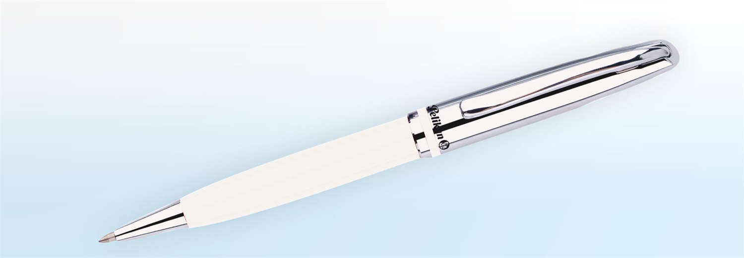 Pelikan Jazz Classic M - Penna a Sfera in Metallo Bianco con Fermaglio Elastico e Meccanismo Rotante, Colore Inchiostro Nero, Punta Media, Confezione Regalo