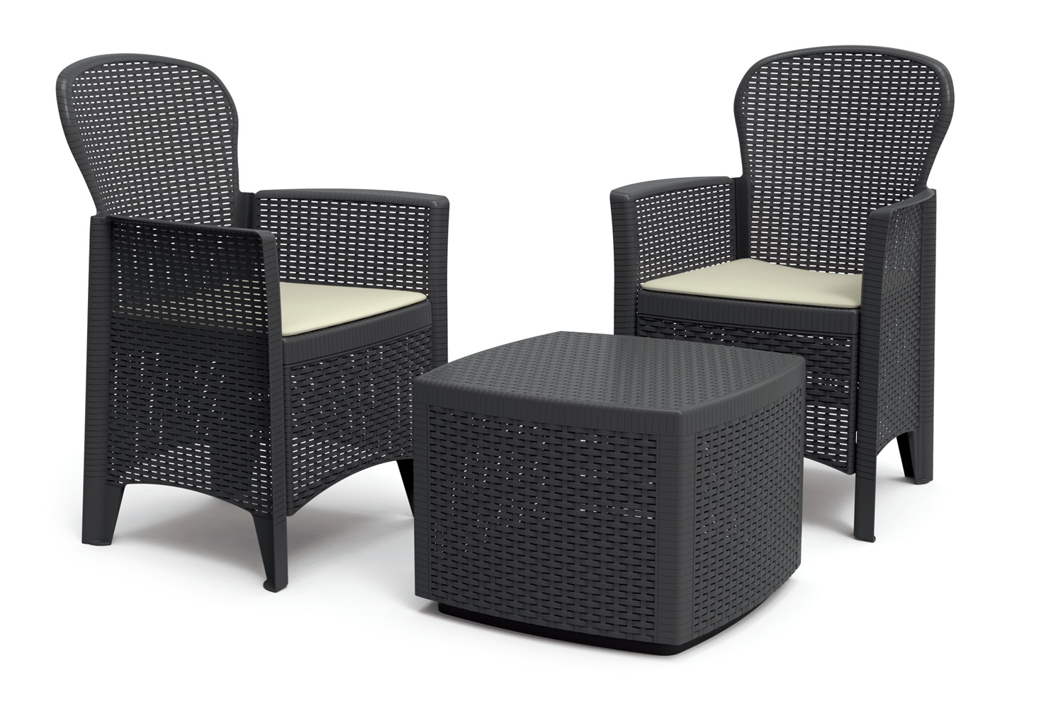 Ipae-Progarden Set Tree Antracite - 3 Pezzi con Cuscini, Poltrone e Tavolino in Polipropilene Effetto Rattan