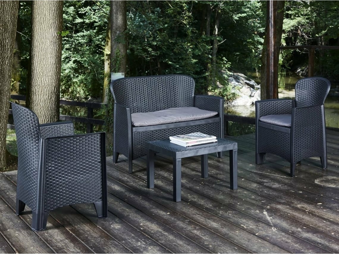 Ipae-Progarden Set Salotto Jungle Antracite - 4 Pezzi con Cuscini: 2 Poltrone, Divano e Tavolino in Polipropilene Effetto Rattan