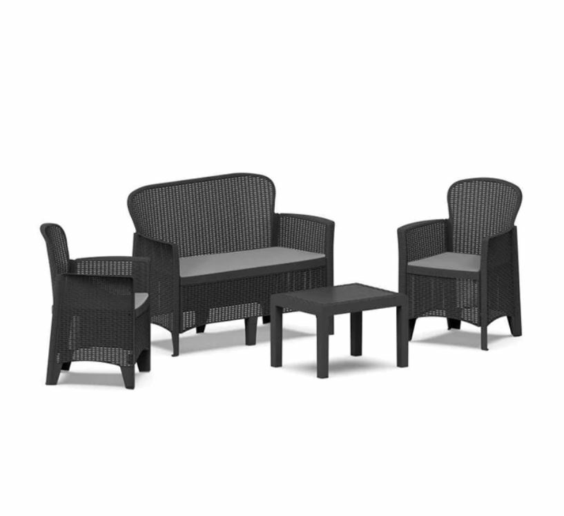 Ipae-Progarden Set Salotto Jungle Antracite - 4 Pezzi con Cuscini: 2 Poltrone, Divano e Tavolino in Polipropilene Effetto Rattan