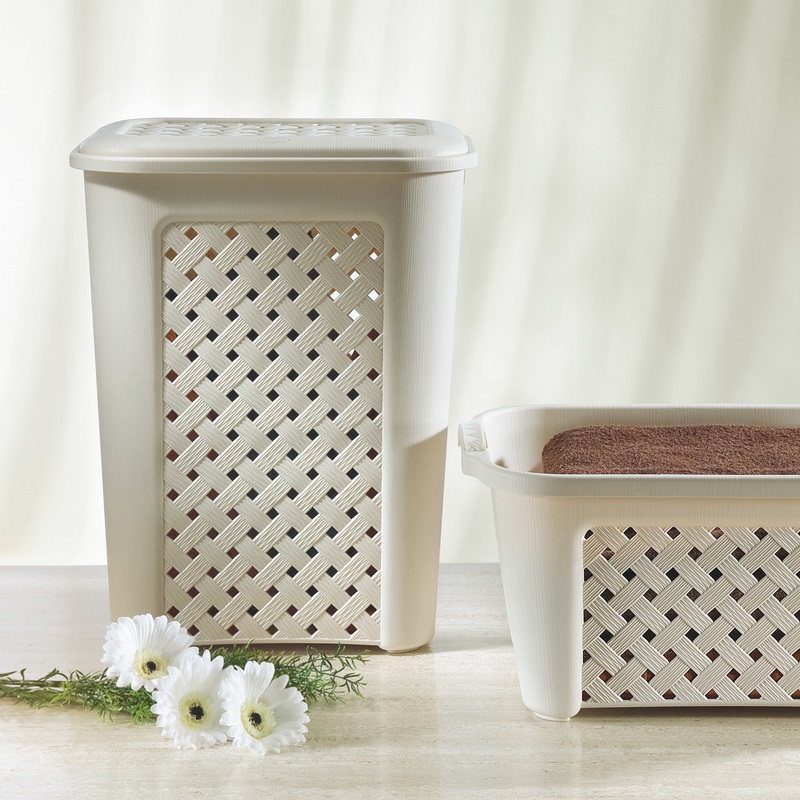 Tontarelli Cesta Portabiancheria Arianna 50L - Plastica Traforata Beige con Coperchio