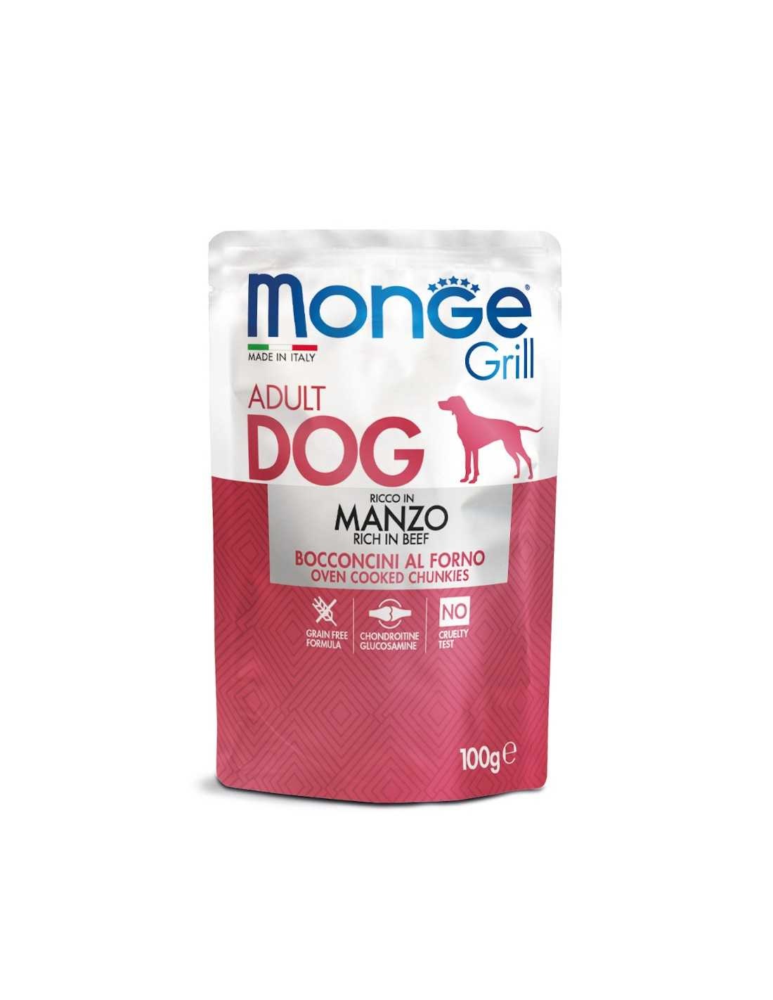 Monge Grill Cibo Umido per Cani Adulti 100g - Manzo, Grain Free con Glucosamina e Condroitina