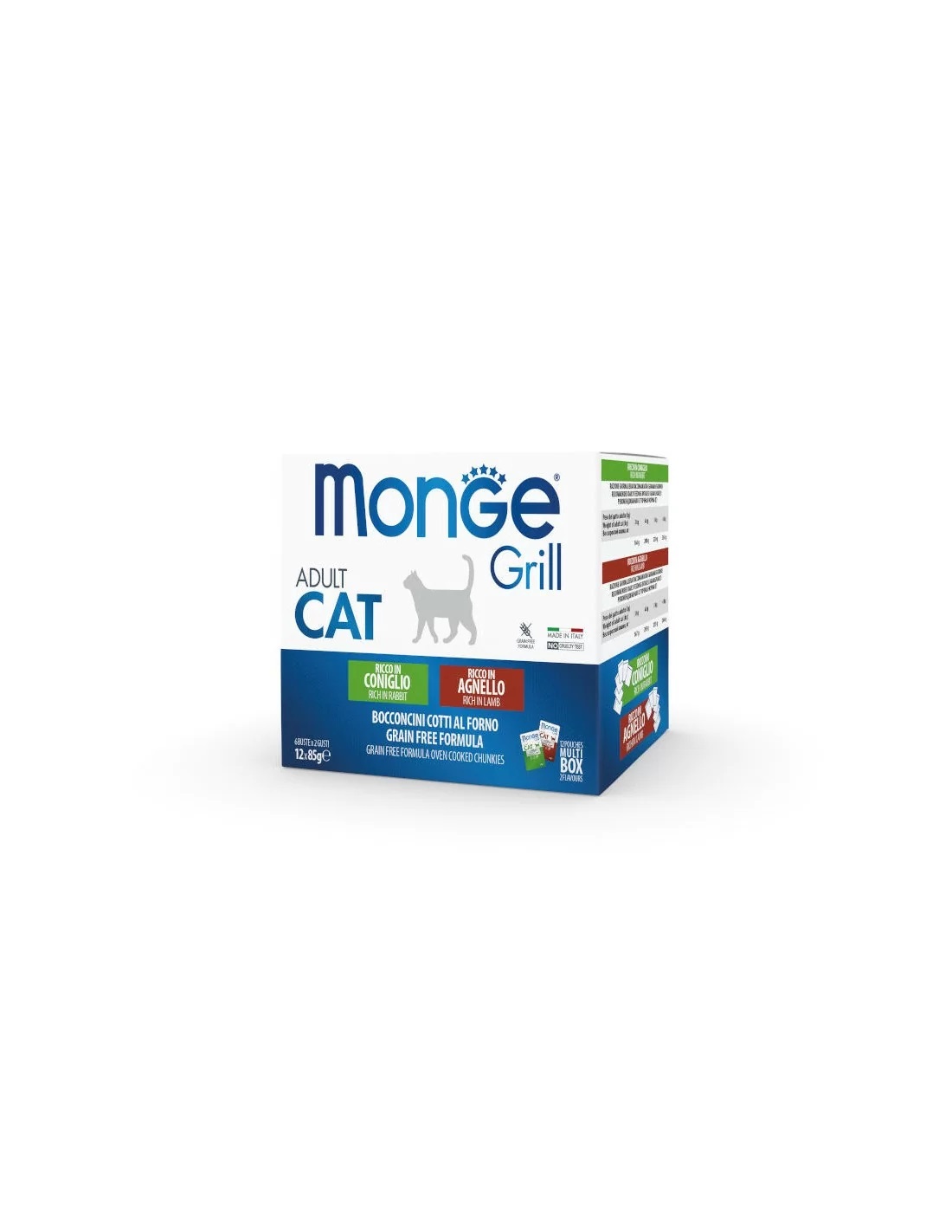 Monge Grill Adult Cat Multipack - Cibo Umido per Gatti - 12 Buste da 85 g (Coniglio e Agnello) - Grain Free e Ricco in Omega 3