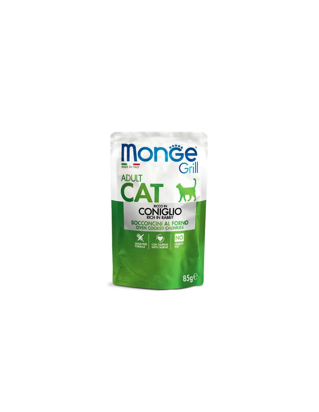 Monge Grill Adult Cat Multipack - Cibo Umido per Gatti - 12 Buste da 85 g (Coniglio e Agnello) - Grain Free e Ricco in Omega 3