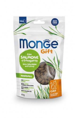 Monge Snack per Gatti Hairball con Salmone ed Erba Gatta - Alimento Complementare 60 g