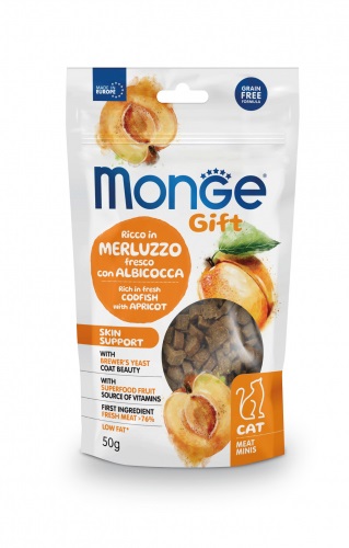 Monge Gift Snack Gatto Meat Minis Skin Support 50g - Merluzzo Fresco e Albicocca, Alimento Complementare per Gatti Adulti