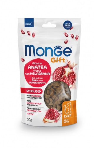Monge Gift Meat Minis Snack per Gatti Adulto Sterilizzato con Anatra Fresca, Melagrana e Mirtilli Rossi - 50 g