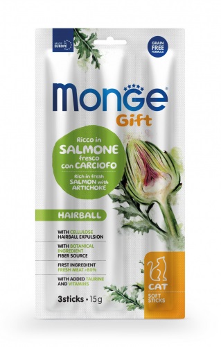 Monge Gift Soft Sticks per Gatti Adulti - Salmone con Carciofo - 15 g - Alimento Complementare per Hairball