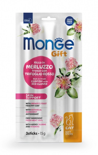 Monge Gift Soft Sticks per Gatti Adulto - Merluzzo Fresco e Trifoglio Rosso - 15 g - Skin Support