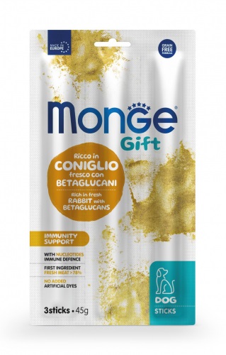 Monge Gift Sticks Immunity Support per Cani Adulti - Coniglio Fresco, Nucleotidi e Betaglucani, 45 g