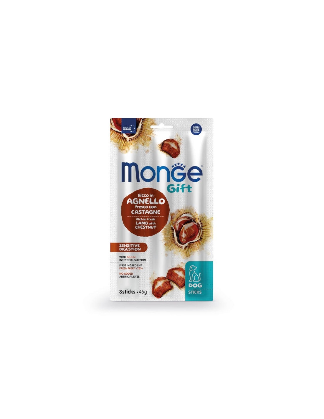 Monge Gift Sticks Sensitive Digestion - Snack per Cani Adulti con Agnello Fresco e Castagne, 45g