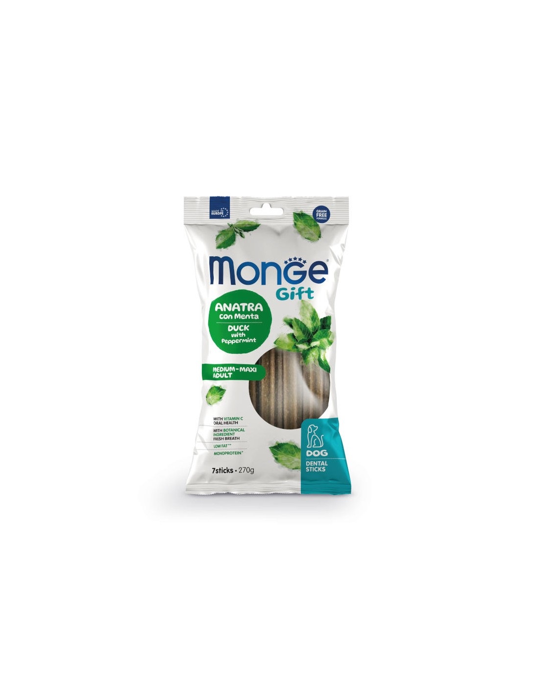 Monge Snack Dental Sticks Anatra e Menta 270g - Alimento Complementare per Cani Adulti di Taglia Media e Grande