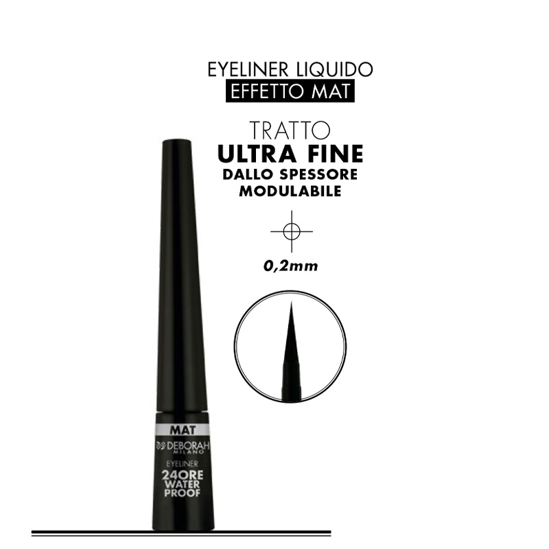 Deborah Milano Eyeliner Liquido 24 Ore Waterproof Nero Mat 2.9g - Punta Flock Ultra Precisa