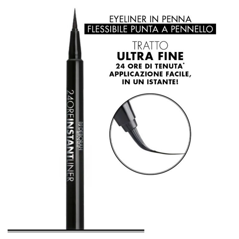 Deborah Milano 24 Ore Instant Liner - Eyeliner in Penna Waterproof Nero, 1.5 gr con Punta a Pennello Flessibile per un Finish Preciso e Intenso