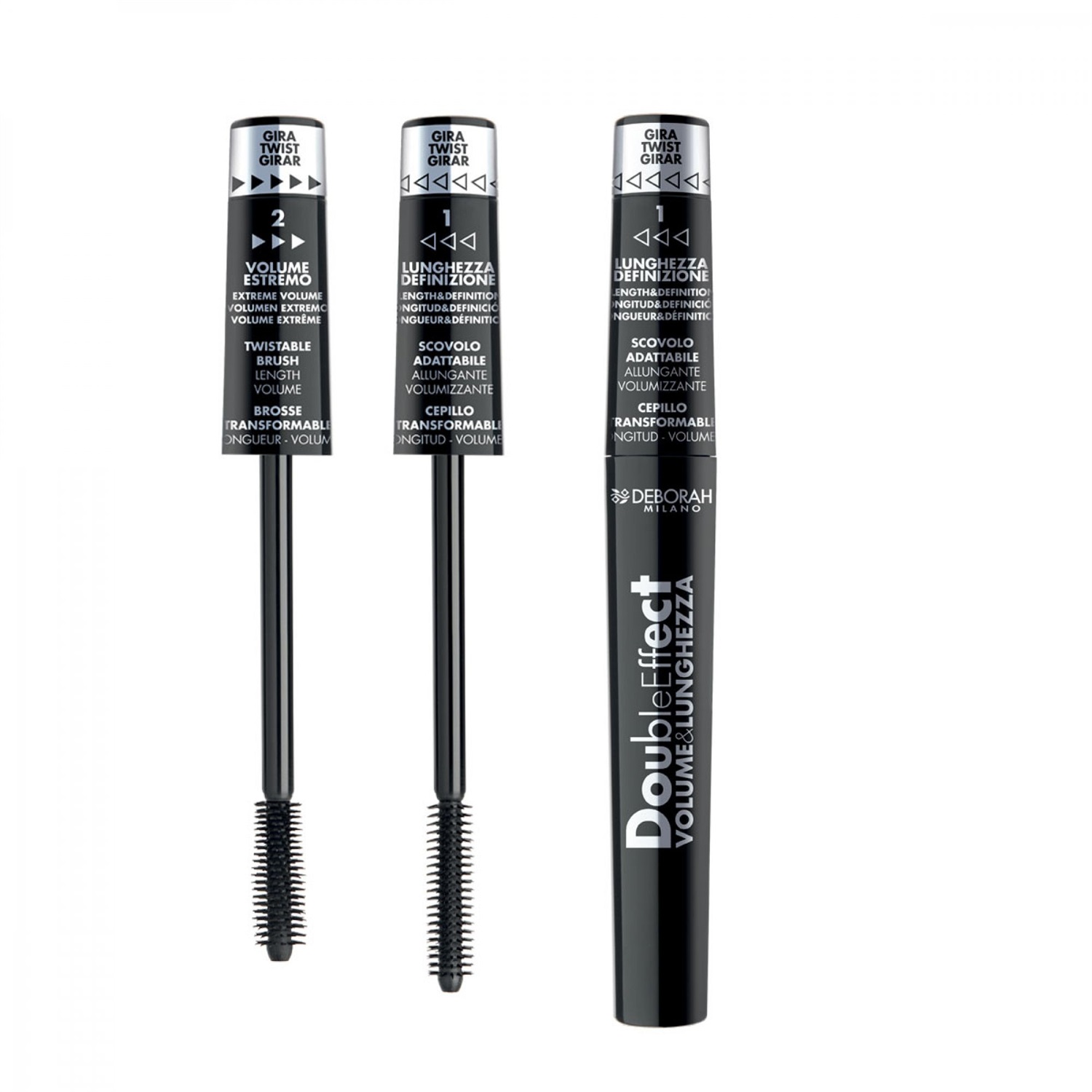 Deborah Milano Mascara Double Effect 2 in 1 - Effetto Volumizzante e Allungante, Nero, 8 ml