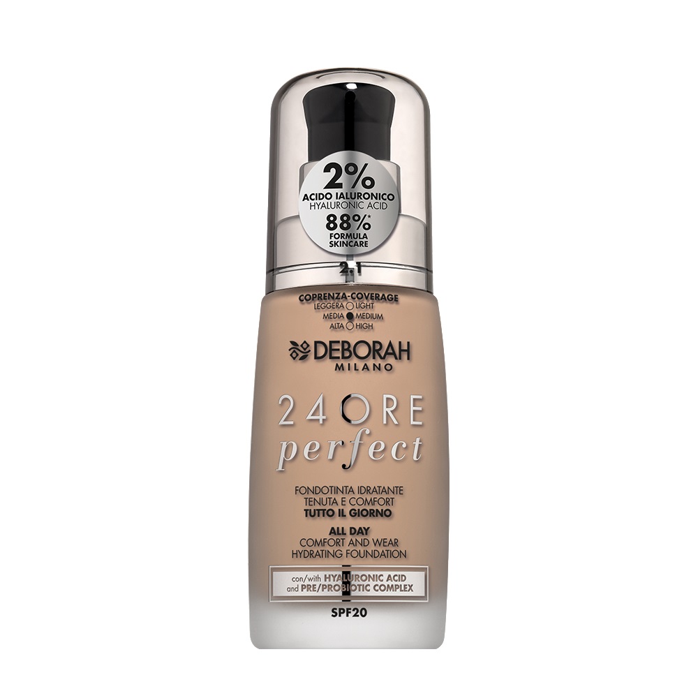 Deborah Milano Fondotinta Liquido 24 Ore Perfect Idratante SPF 20 N.2.1 Vanilla 30 ml con Acido Ialuronico