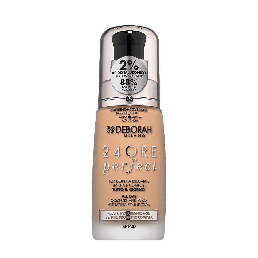 Deborah Milano Fondotinta Liquido 24 Ore Perfect Idratante SPF 20 N.3 Caramel Beige 30 ml con Acido Ialuronico