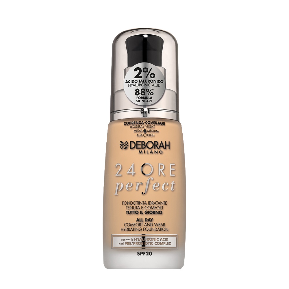 Deborah Milano Fondotinta Liquido 24 Ore Perfect Idratante con Acido Ialuronico 3.1 Light Gold 30 ml - SPF 20, Tenuta e Comfort Tutto il Giorno