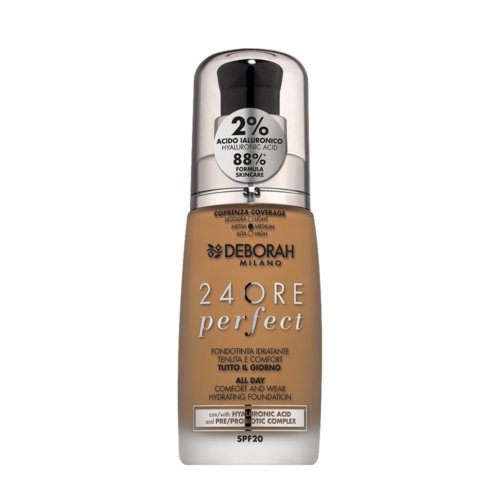 Deborah Milano Fondotinta Liquido 24 Ore Perfect Idratante SPF 20 con Acido Ialuronico 3.3 Gold 30 ml