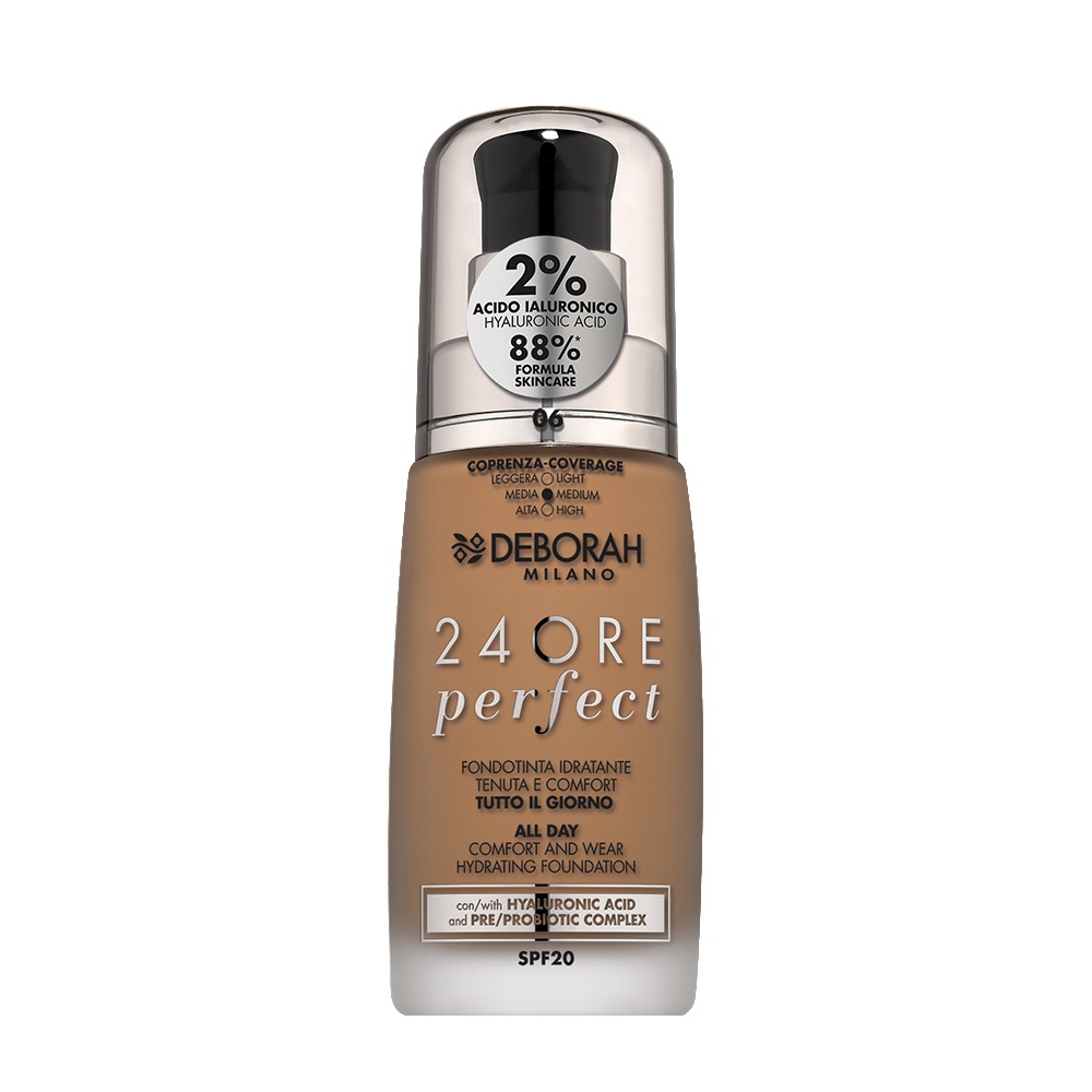 Deborah Milano Fondotinta 24Ore Perfect 06 Caramel - Idratante con Acido Ialuronico e SPF 20, 30 ml