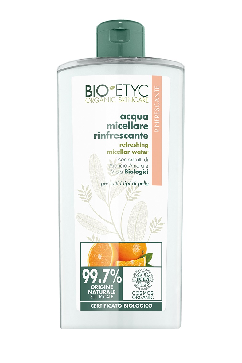 Bioetyc Acqua Micellare Rinfrescante 400ml - Deterge, Rimuove Make-up, con Estratti di Arancia Amara e Viola Biologici, Per Tutti i Tipi di Pelle