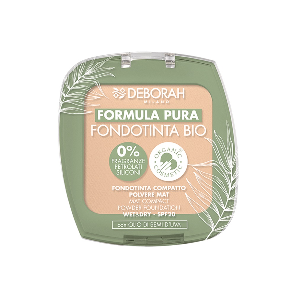 Deborah Milano Fondotinta Compatto Bio Formula Pura Fair 1 - 23g, Demi Mat, SPF 20, Texture Leggera e Setosa, Cruelty Free e Vegano