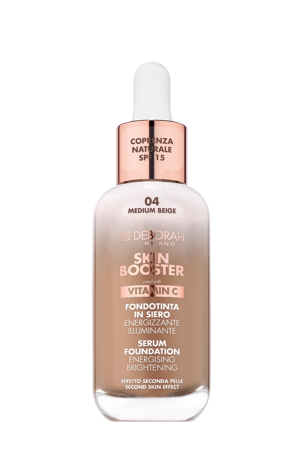 Deborah Milano Skin Booster Fondotinta In Siero 04 Medium Beige 30ml - Energizzante, Illuminante, con Vitamina C, Effetto Naturale, SPF 15