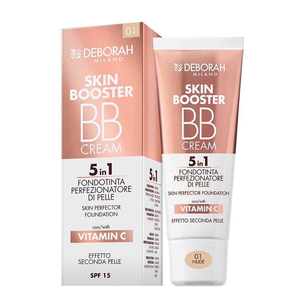 Deborah Milano Skin Booster BB Cream 01 Nude 30ml - Fondotinta Idratante Illuminante con SPF 15 e Vitamina C