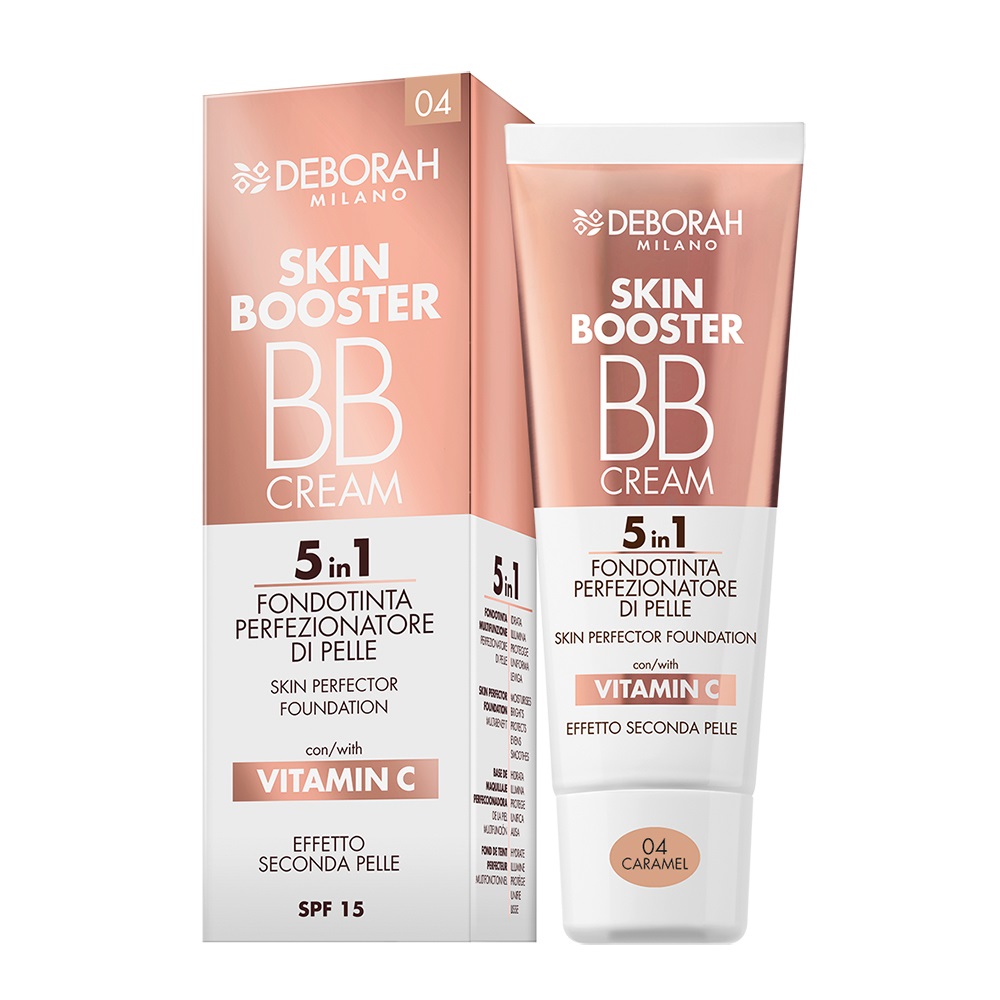 Deborah Milano Skin Booster BB Cream 04 Caramel 30ml - Idratante, Illuminante, Protettivo, Uniformante e Levigante con SPF 15 e Vitamina C