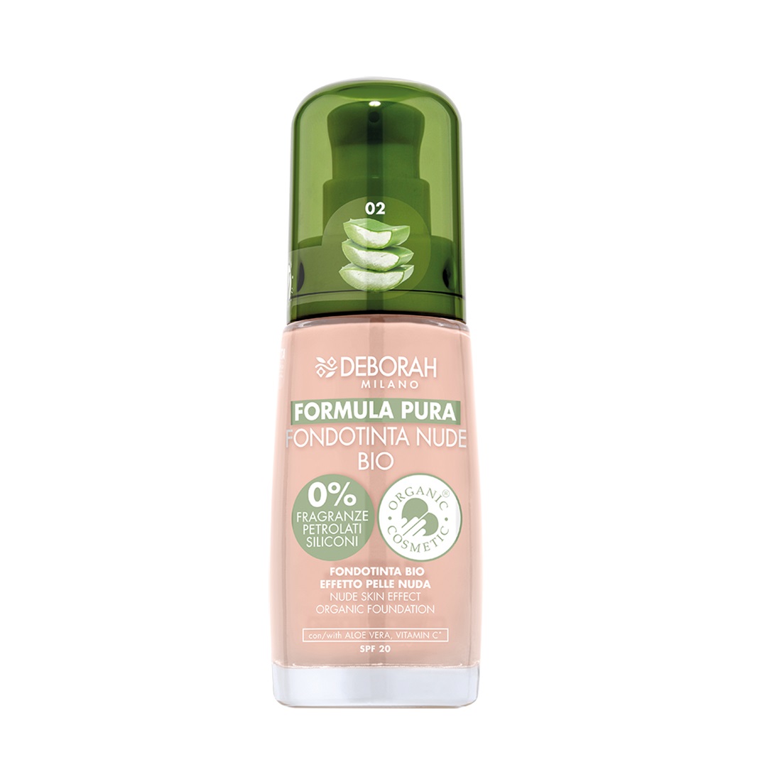 Deborah Milano Fondotinta Formula Pura Nude BIO n.02 Rose Cream 30ml - Fluido Idratante con Vitamina C e Aloe Vera, SPF 20, Coprenza Media e Finish Naturale