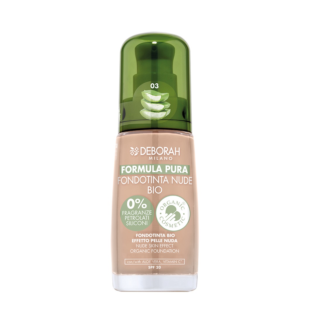 Deborah Milano Formula Pura Fondotinta Nude Bio N.03 Beige - Fondotinta Fluido Biologico con Aloe Vera e Vitamine C ed E, SPF 20, Finish Naturale e Coprenza Media