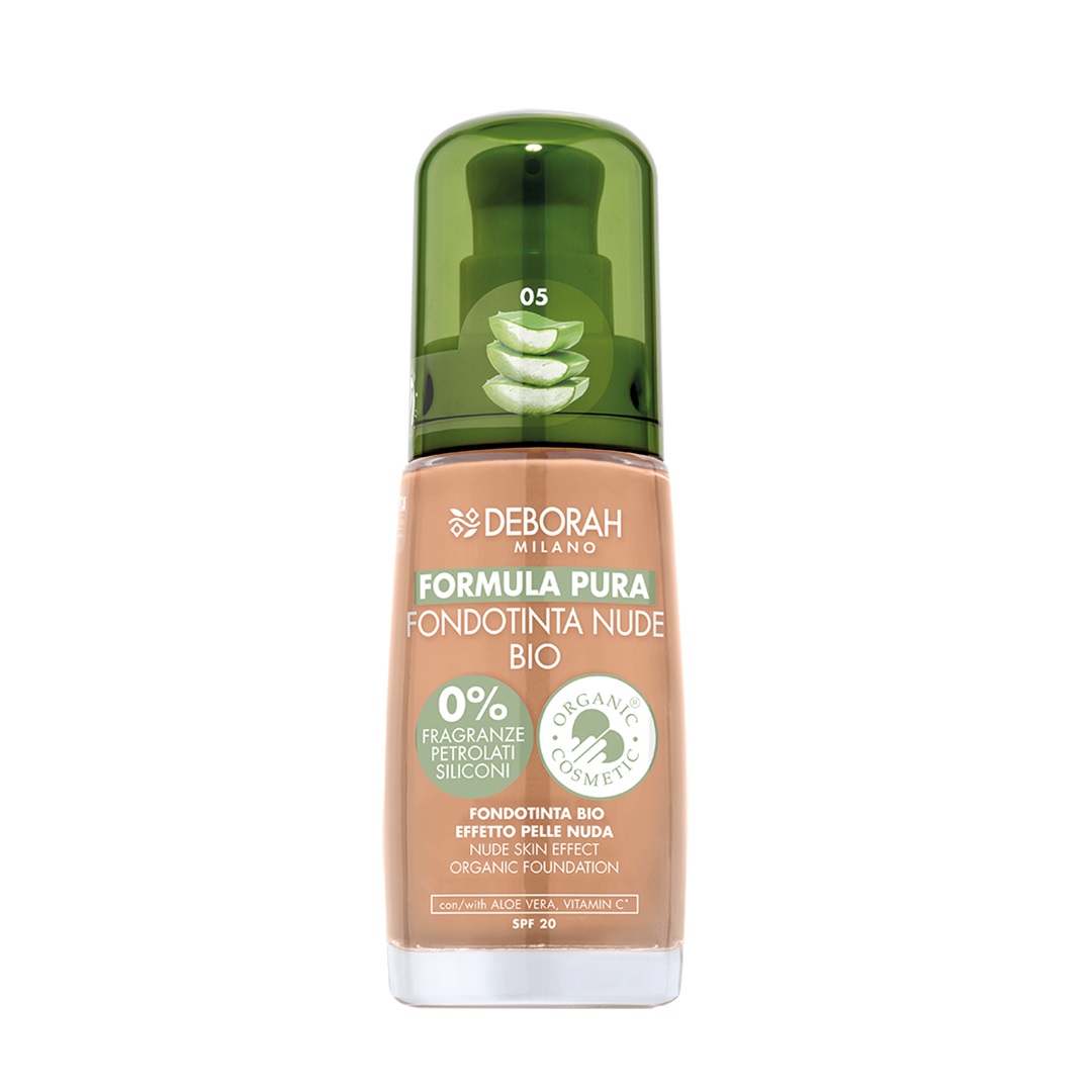 Deborah Milano Fondotinta Formula Pura Nude Bio 05 Almond - Fluido Idratante con Aloe Vera e Vitamina C, Finish Naturale e SPF 20