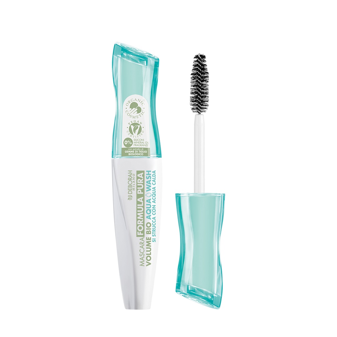 Deborah Milano Mascara Formula Pura Aqua Wash BIO 12 ml - Nero, Struccaggio Rapido, Alta Tollerabilità, Senza Siliconi, Effetto Volumizzante
