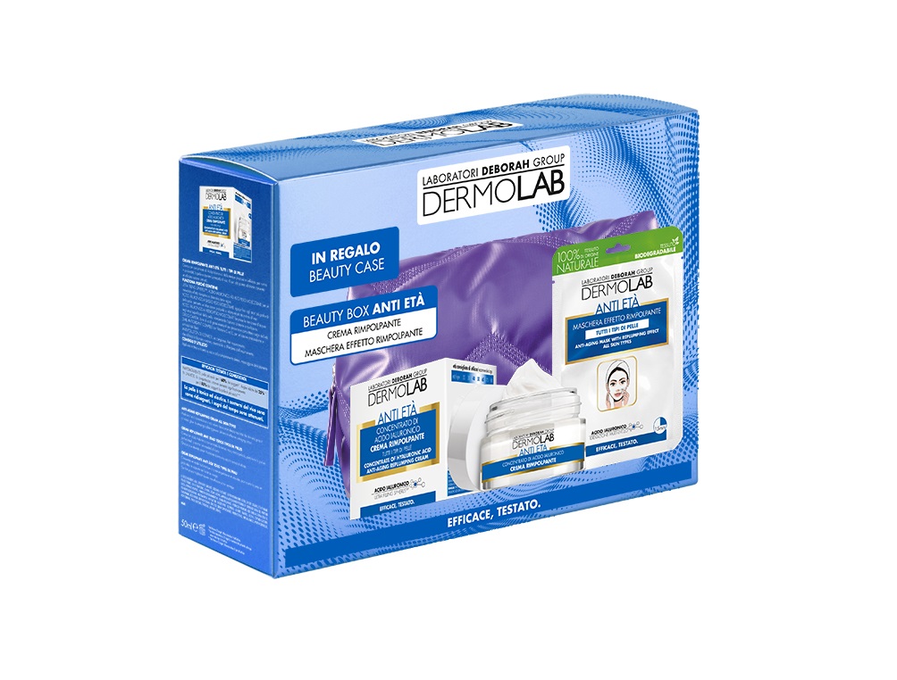 Dermolab Beauty Box Anti-Età - Kit con Crema Rimpolpante 50 ml e Maschera Viso in Tessuto, Acido Ialuronico, Pochette Inclusa