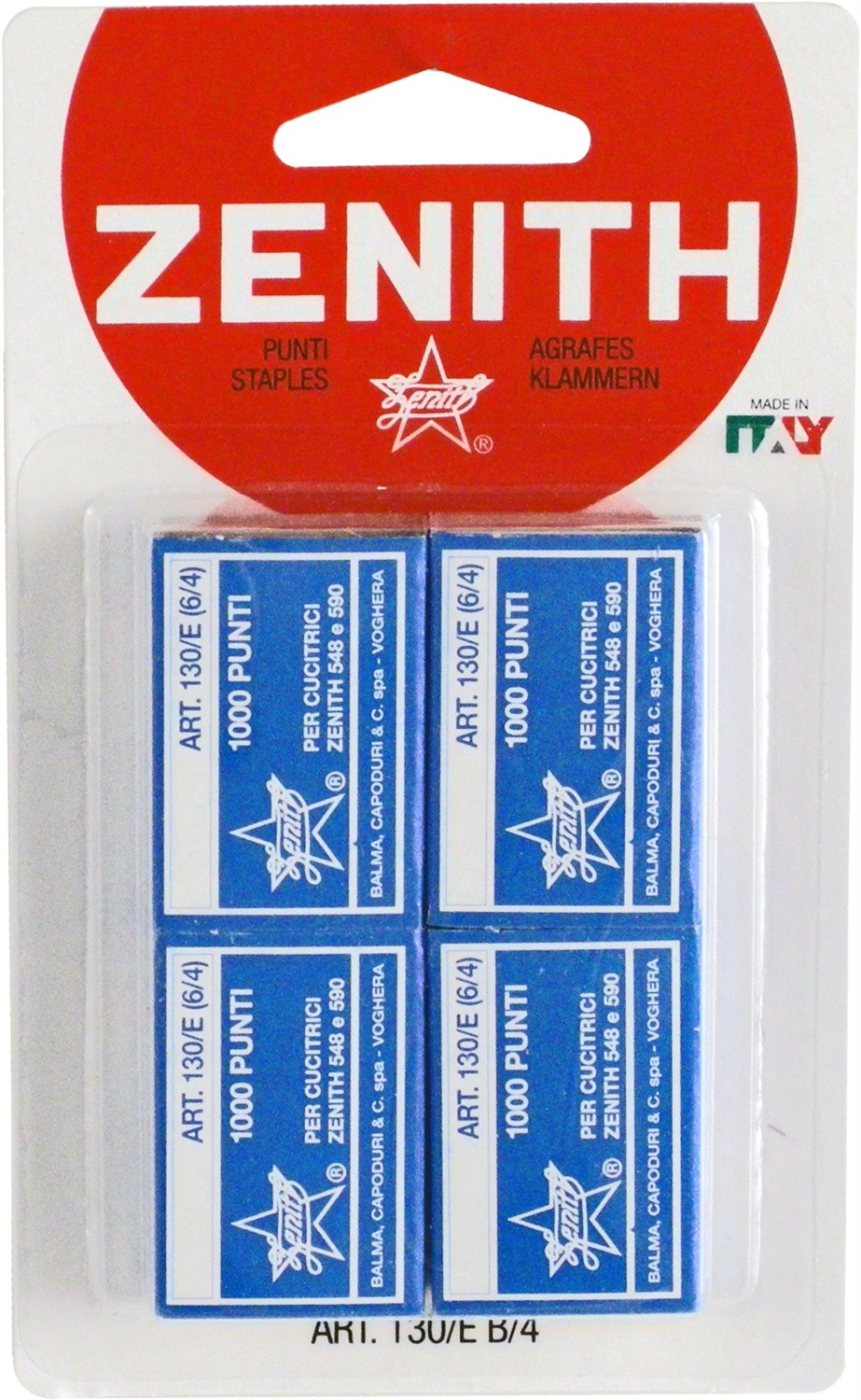 Zenith Punti 130/E per Blister (Standard 6/4) - Confezione da 4 Scatole da 1.000 Punti in Acciaio Naturale con Gambine di 4 mm
