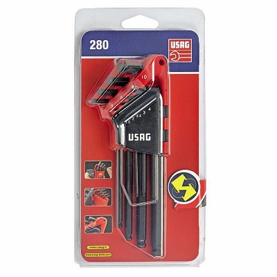 Usag 280 LTS/S9 - Set di 9 chiavi a brugola maschio esagonale lunghe testa sferica, misure 1,5÷10 mm, acciaio Cromo Vanadio, esecuzione brunita
