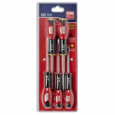 USAG 322 SH5 Set di 5 Cacciaviti ad Intaglio e a Stella con Impugnatura Ergonomica in Acciaio al Cromo Vanadio