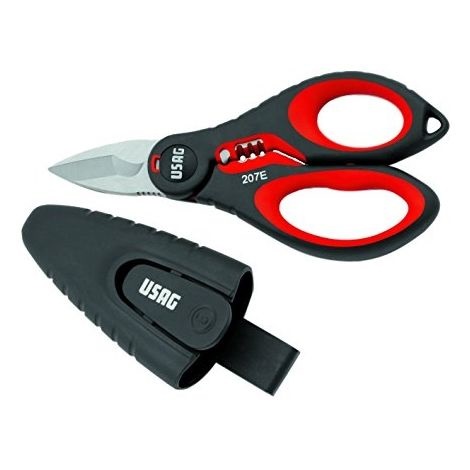 Usag 207 E - Forbice Professionale per Elettricisti con Struttura in Acciaio Inox, Lama Microdentata, Tagliacavi e Spellafili Integrato