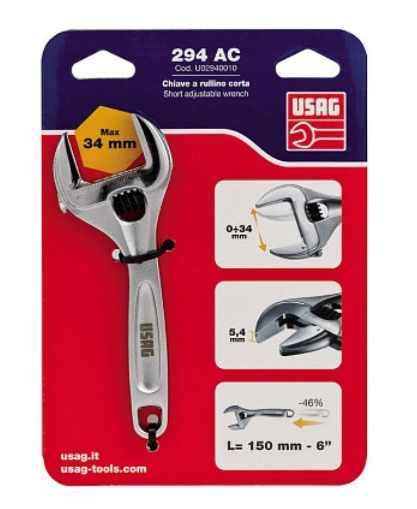 USAG Chiave Regolabile a Rullino Corta 150mm - USAG 294 AC U02940010, Lunghezza Ridotta del 46%, Apertura Ganasce da 12