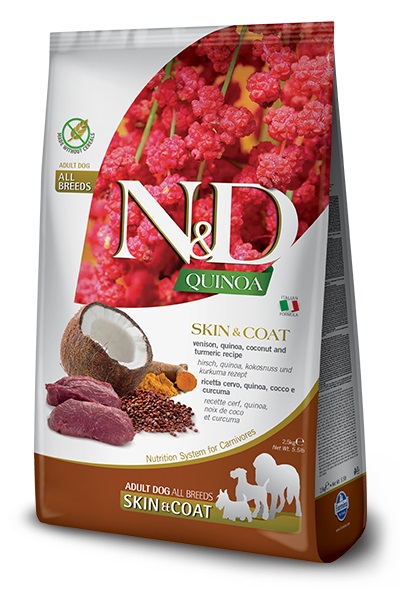 Farmina N&D Quinoa Skin & Coat Crocchette per Cani Adulto 2,5 kg - Carne di Cervo, Quinoa, Cocco e Curcuma