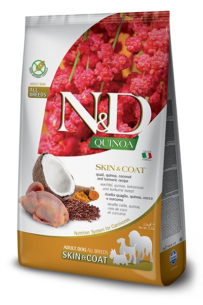 Farmina N&D Quinoa Skin & Coat Quaglia, Cocco e Curcuma - Alimento Completo per Cani Adulti, 2,5 kg