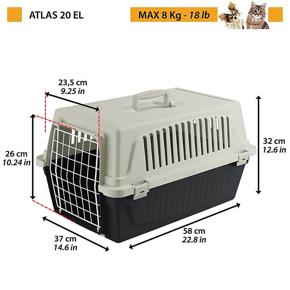 Ferplast Atlas 20 EL Trasportino Rigido per Cani e Gatti fino a 8 Kg, Nero, 37 x 58 x h 32 cm