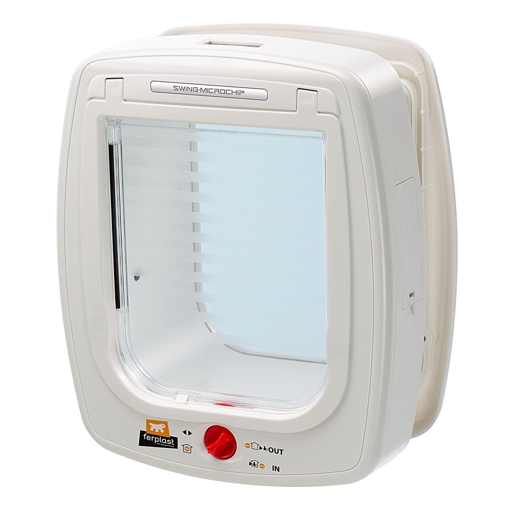 Ferplast Swing Microchip L - Gattaiola Universale per Cani e Gatti con Riconoscimento Microchip, 4 Modalità di Chiusura, Sistema Antivento, Ammortizzatore e Anti Oscillazione - Bianco