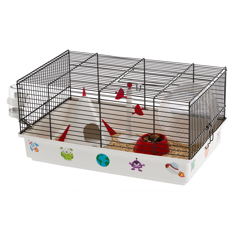 Ferplast CRICETI 9 SPACE - Gabbia per Criceti in Metallo Verniciato e Plastica, 46x29,5x23 cm, con Adesivi e Accessori Inclusi, Ambientazione Tema Spazio