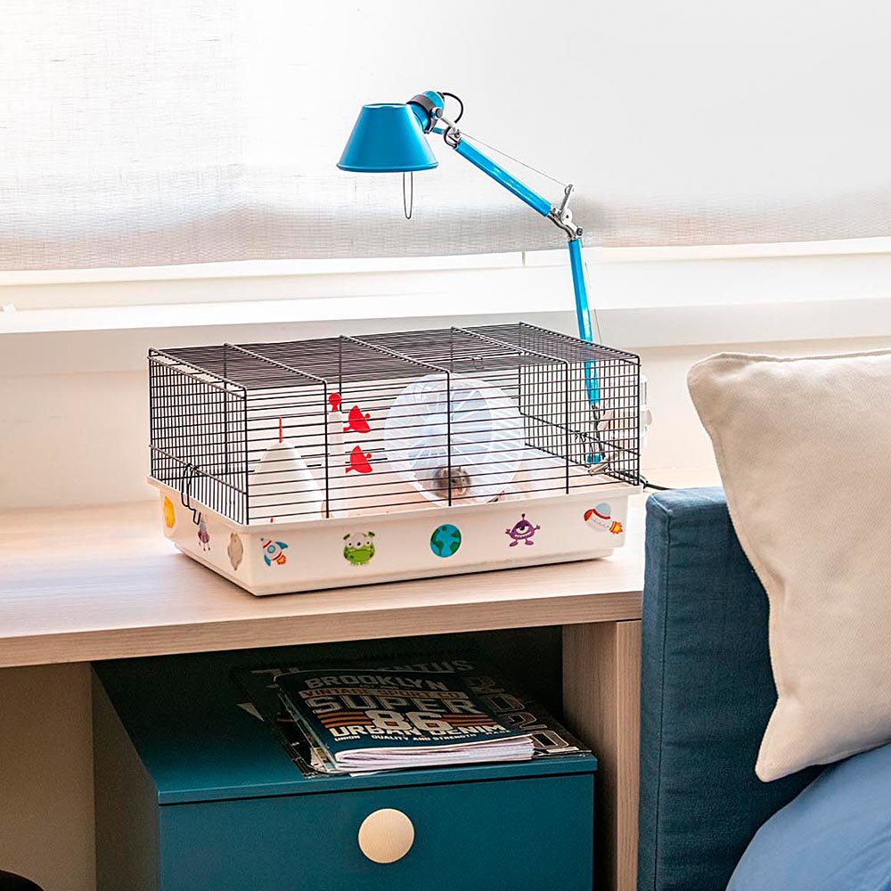 Ferplast CRICETI 9 SPACE - Gabbia per Criceti in Metallo Verniciato e Plastica, 46x29,5x23 cm, con Adesivi e Accessori Inclusi, Ambientazione Tema Spazio
