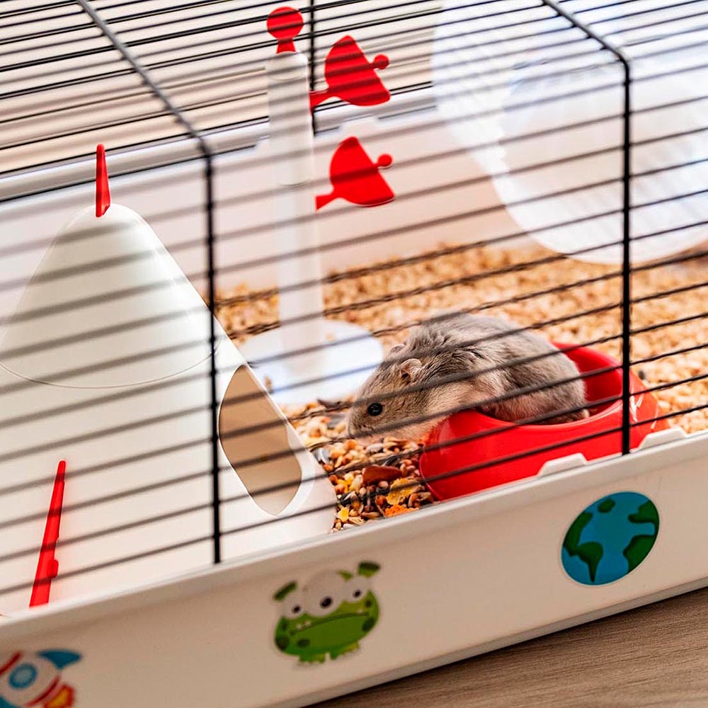 Ferplast CRICETI 9 SPACE - Gabbia per Criceti in Metallo Verniciato e Plastica, 46x29,5x23 cm, con Adesivi e Accessori Inclusi, Ambientazione Tema Spazio