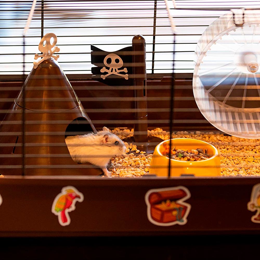 Ferplast Criceti 9 Pirates - Gabbia per Criceti Personalizzabile con Adesivi, Ambientazione Pirati, Dimensioni 46x29,5x23 cm, Metallo Verniciato e Plastica